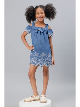 One Friday - Girls Blue Cold-Shoulder Embroidered Dress