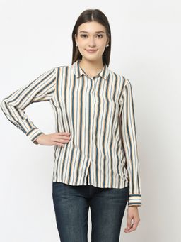 CRIMSOUNE CLUB - Women White Shirt With Dual-tone Stripes