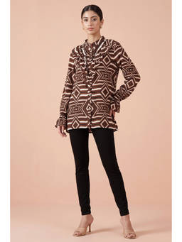 First Resort by Ramola Bachchan - Brown And White Geometric Frill Shirt