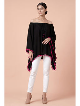 First Resort by Ramola Bachchan - Black Pom Pom Poncho