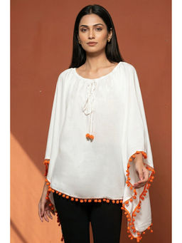 First Resort by Ramola Bachchan - White Pom Pom Poncho