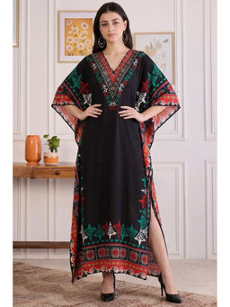 First Resort by Ramola Bachchan - Black Mexican Print Embellished Silk Full Length Kaftan