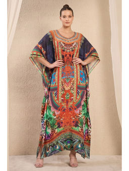 First Resort by Ramola Bachchan - Black And Orange Embellished Silk Full Length Kaftan