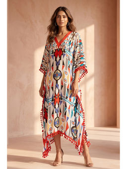 First Resort by Ramola Bachchan - White And Orange Modern Geometric Mid Length Kaftan