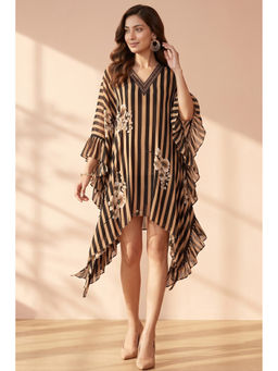 First Resort by Ramola Bachchan - Black And Caramel Embellished Floral Frill Kaftan Tunic