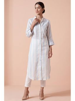 First Resort by Ramola Bachchan - White And Blue Embroidered Shirt Style Kurta
