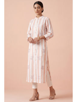 First Resort by Ramola Bachchan - White And Rust Embroidered Shirt Style Kurta