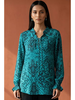 First Resort by Ramola Bachchan - Dark Green Animal Print Lace-up Top