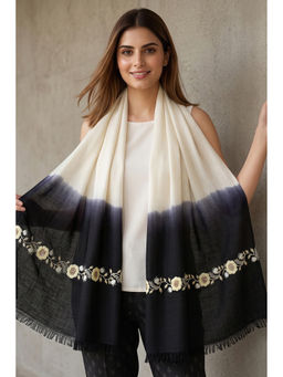 First Resort by Ramola Bachchan - White And Navy Blue Hand Embroidered Colour Block Scarf