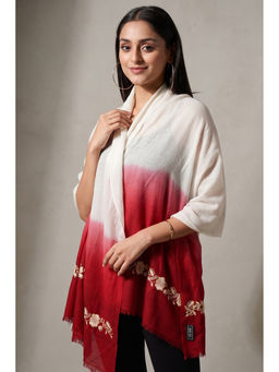 First Resort by Ramola Bachchan - White And Maroon Hand Embroidered Colour Block Scarf
