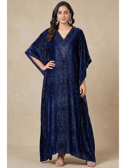 First Resort by Ramola Bachchan - Blue Animal Print Embellished Silk Velvet Full Length Kaftan