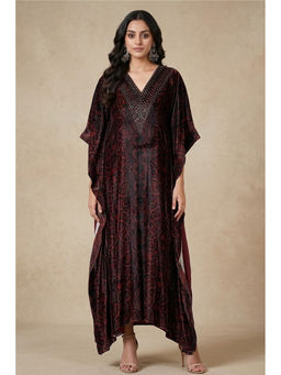 First Resort by Ramola Bachchan - Maroon Animal Print Embellished Silk Velvet Full Length Kaftan