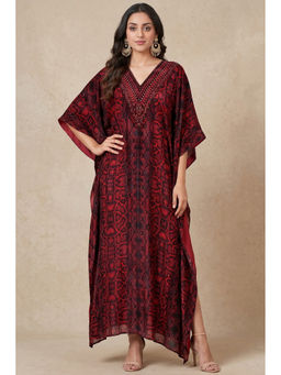 First Resort by Ramola Bachchan - Maroon Animal Print Embellished Silk Velvet Full Length Kaftan