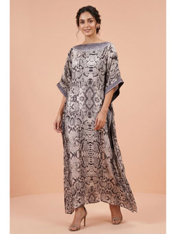 First Resort by Ramola Bachchan - Grey Animal Print Embroidered Full Length Kaftan