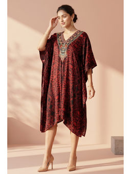 First Resort by Ramola Bachchan - Maroon Animal Print Silk Velvet Mid Length Kaftan
