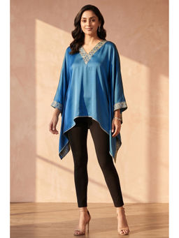 First Resort by Ramola Bachchan - Blue Embellished Kaftan Top