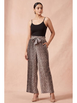First Resort by Ramola Bachchan - Brown Leopard Print Pleated Palazzo