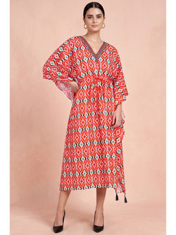 First Resort by Ramola Bachchan - Bright Red Moroccan Print Mid Length Kaftan