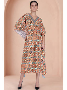 First Resort by Ramola Bachchan - Melon Orange Moroccan Print Mid Length Kaftan