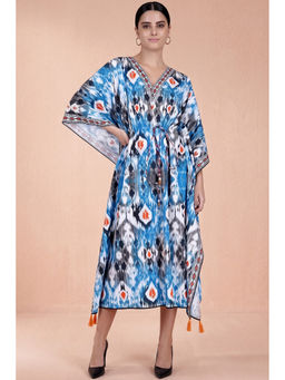 First Resort by Ramola Bachchan - Blue Ikat Print Mid Length Kaftan