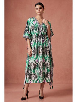 First Resort by Ramola Bachchan - Green Ikat Print Mid Length Kaftan