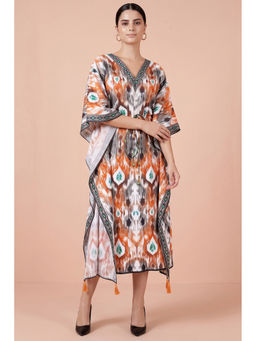 First Resort by Ramola Bachchan - Orange Ikat Print Mid Length Kaftan