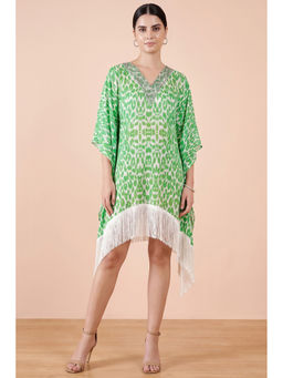 First Resort by Ramola Bachchan - Green Embellished Animal Print Kaftan Dress