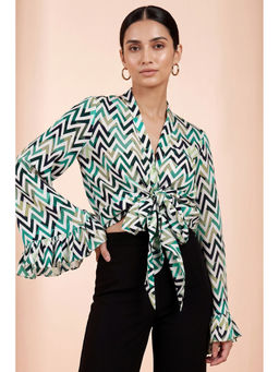First Resort by Ramola Bachchan - Green And White Chevron Knot Top