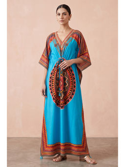 First Resort by Ramola Bachchan - Blue Tribal Embellished Flared Sleeves Kaftan Dress