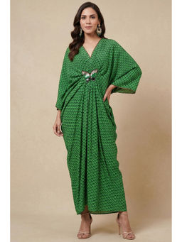 First Resort by Ramola Bachchan - Fluorescent Green Print Silk Kaftan Dress with Butterfly Motif