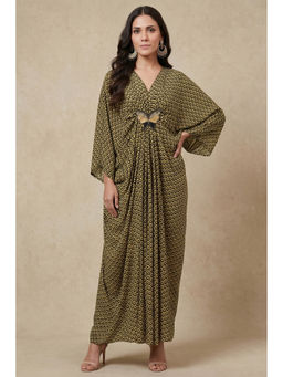 First Resort by Ramola Bachchan - Fluorescent Yellow Print Silk Kaftan Dress with Butterfly Motif
