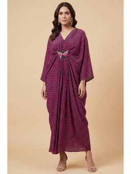 First Resort by Ramola Bachchan - Magenta Honeycomb Print Silk Kaftan Dress with Butterfly Motif