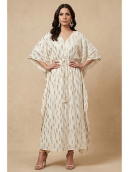 First Resort by Ramola Bachchan - Ivory Lurex with Leaf Motifs Flared Sleeves Kaftan Dress