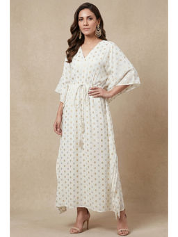 First Resort by Ramola Bachchan - Ivory Lurex with Polka Dot Motifs Flared Sleeves Kaftan Dress