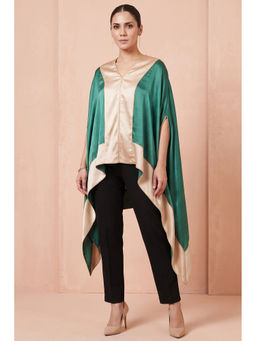 First Resort by Ramola Bachchan - Forest Green Asymmetrical Top with Gold Border