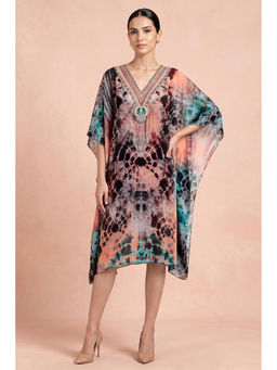 First Resort by Ramola Bachchan - Multicoloured Abstract Print Embellished Mid Length Kaftan