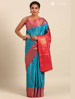 Taashi - Turquoise Multi-Color Silk Korvai Kanjivaram Weave Saree