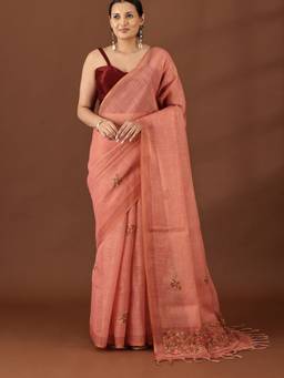 Taashi - Terracotta Linen Bloom Multi-Color Saree