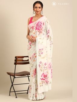 Taashi - The Alabaster Peony White Saree