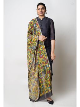 Unnati Silks - Yellow Pure Pen Kalamkari Hand Painted Chanderi Cotton Silk Sico Dupatta