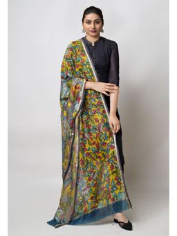 Unnati Silks - Yellow Pure Pen Kalamkari Hand Painted Chanderi Cotton Silk Sico Dupatta