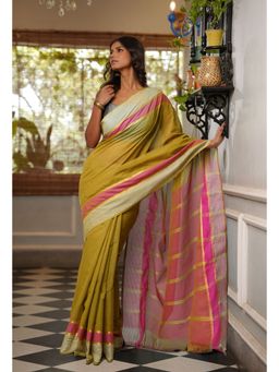 Unnati Silks - Mehendi Green Pure Handloom Mangalgiri Cotton Saree with Unstitched Blouse