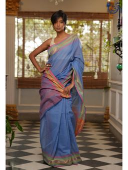 Unnati Silks - Blue Pure Handloom Mangalgiri Cotton Saree with Unstitched Blouse