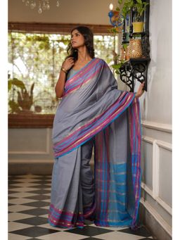 Unnati Silks - Grey Pure Handloom Mangalgiri Cotton Saree with Unstitched Blouse