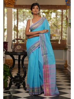 Unnati Silks - Blue Pure Handloom Mangalgiri Cotton Saree with Unstitched Blouse