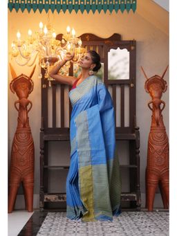 Unnati Silks - Blue Pure Handloom Mangalgiri Cotton Saree with Unstitched Blouse