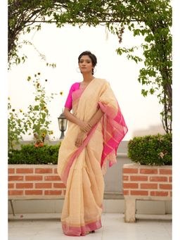 Unnati Silks - Cream Pure Handloom Mangalgiri Cotton Saree with Unstitched Blouse