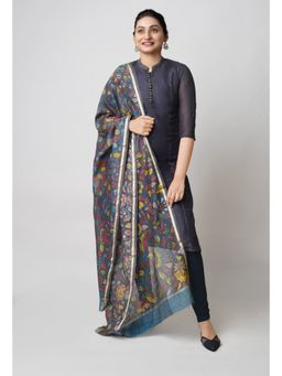 Unnati Silks - Dark Grey Pure Pen Kalamkari Hand Painted Chanderi Cotton Silk Sico Dupatta