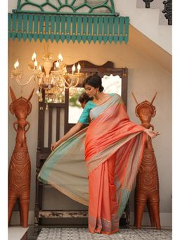 Unnati Silks - Salmon Orange Pure Handloom Mangalgiri Cotton Saree with Unstitched Blouse