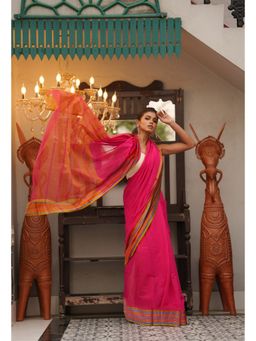 Unnati Silks - Pink Pure Handloom Mangalgiri Cotton Saree with Unstitched Blouse